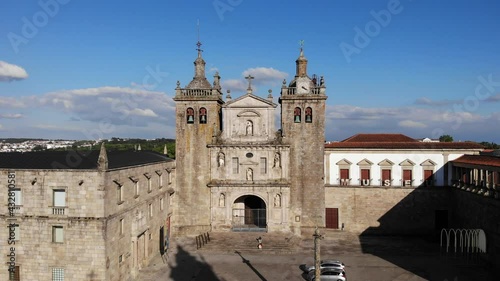 Viseu, Portugal - May 8, 2021: DRONE AERIAL FOOTAGE - The Viseu Cathedral (Se Catedral de Viseu) is the Catholic bishopric seat of the city of Viseu, in Portugal.  photo
