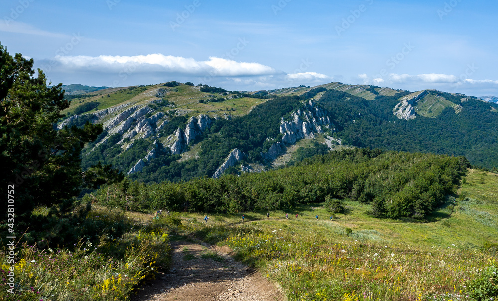 View of the surrounding mountains from the top of the Demerdzhi mountain range in Crimea.