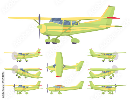 Light aircraft, green, yellow stripe plane livery set. Small regional logistics, mobility and transportation. Vector flat style cartoon illustration isolated on white background, different views