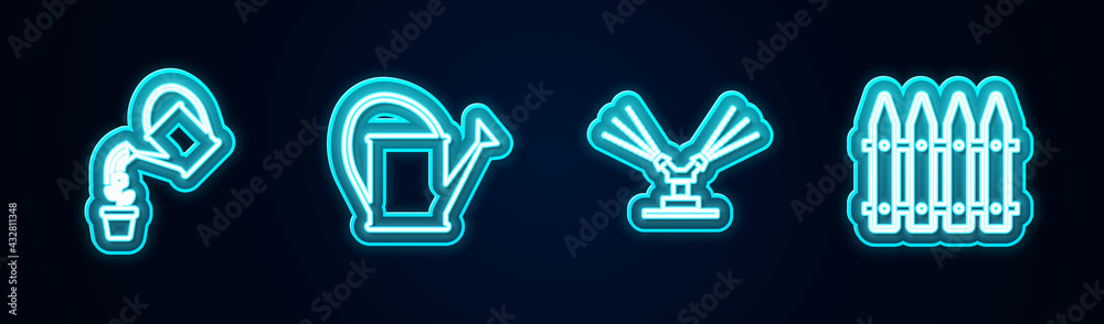 Set line Watering can, , Automatic irrigation sprinklers and Garden fence. Glowing neon icon. Vector Set line Watering can, , Automatic irrigation sprinklers and Garden fence. Glowing neon icon. Vector