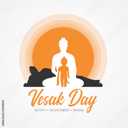 Vesak day banner with Three events of buddha are nativity, enlightenment and nirvana in orang circle  light sign vector design