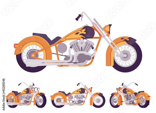 Chopper custom fire decor classic motorcycle, bobber bike. Fast motorsport, high speed sport vehicle. Vector flat style cartoon illustration isolated on white background, different views and positions