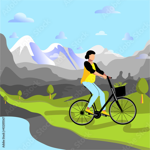 Walk in the mountains. Woman cycling on mountain trails.Vector stock illustration. Mountain landscape. The concept of a healthy lifestyle, outdoor activities, vacation in the mountains.