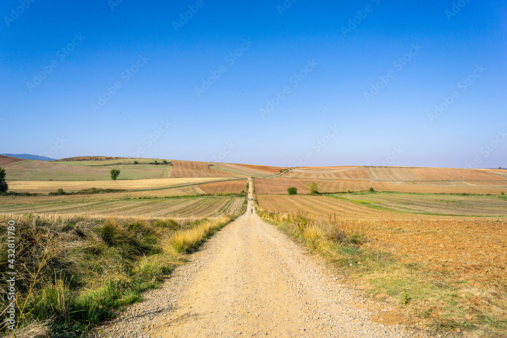 Open Pilgrim route along Camino de Santiago in Spain at autumn season. A group of pilgrims walking along wheat fields and vinyards with soil after the harvest. 4x3 ratio, 6000 by 4000 pixels Open Pilgrim route along Camino de Santiago in Spain at autumn season. A group of pilgrims walking along wheat fields and vinyards with soil after the harvest. 4x3 ratio, 6000 by 4000 pixels