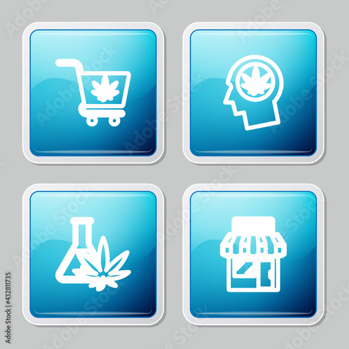 Set line Shopping cart with marijuana, Head profile, Test tube and Marijuana and cannabis store icon. Vector