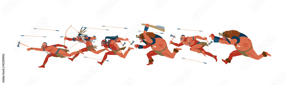 American indian warriors in the attack, running. African tribes