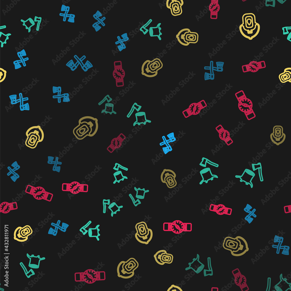 Set line Crossed wooden axe, Wooden in stump, Canteen water bottle and Compass on seamless pattern. Vector Set line Crossed wooden axe, Wooden in stump, Canteen water bottle and Compass on seamless pattern. Vector