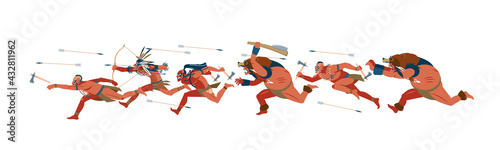 American indian warriors in the attack, running. African tribes, Australian aboriginal set, a member of the tribe with a weapon in his hands. Vector cartoon flat illustration on white background.