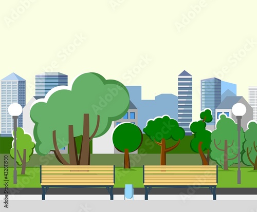 City park area. Benches. Trees, shrubs and lanterns. Beautiful summer cityscape in restrained colors. A place to relax, walk and date. Beautiful background picture. Lawn. Vector