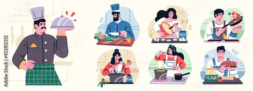 Different People Cooking in the Kitchen Set, Professional Chefs Characters. Young Men and Women Cooking. Vector illustration