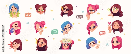 Set of streamer gamer girls expression stickers or badges. Vector illustration