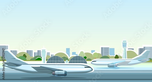 Passenger planes at the airport. Summer landscape. Outside view. Runway. Towers and hangars. Against the background of the blue sky and the city. Illustration vector