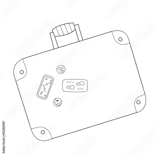 Suitcase with corners and various stickers.Contour isolated doodle objects on a white.