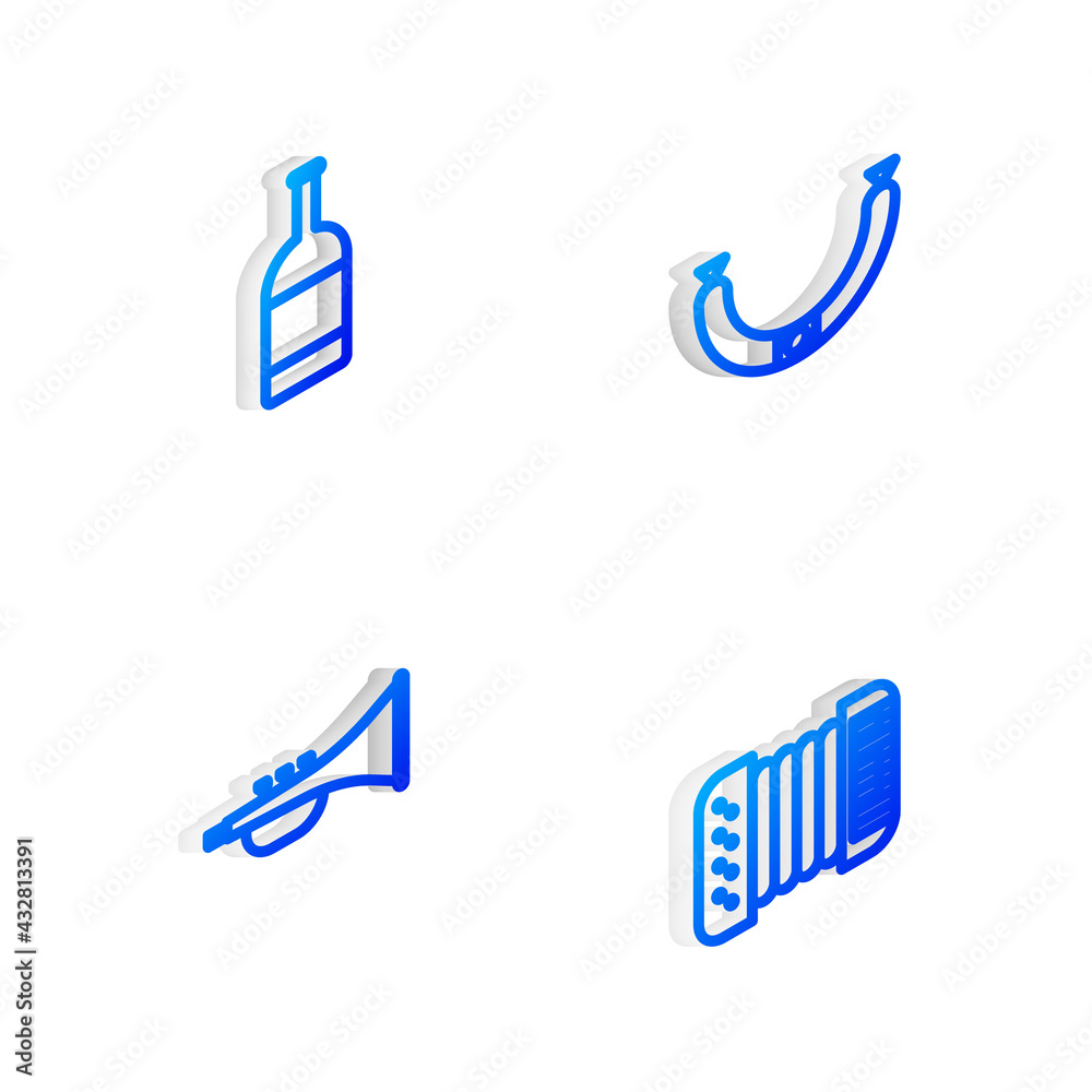 Set Isometric line Sausage, Beer bottle, Musical instrument trumpet and Accordion icon. Vector Set Isometric line Sausage, Beer bottle, Musical instrument trumpet and Accordion icon. Vector