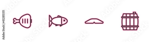 Set line Chicken leg, Homemade pie, Fish and Wooden barrel icon. Vector