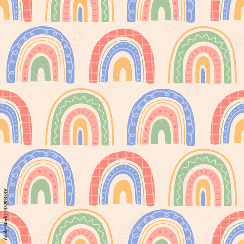 Kawaii rainbow seamless pattern, cute abstract pastel colors shape, childish hand drawn elements in trendy modern doodle flat style. Creative kids vector illustration for fabric, textile and wallpaper