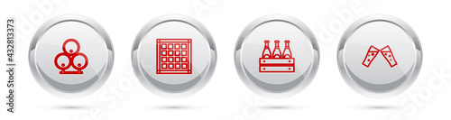 Set line Wooden barrels, Checkered napkin, Pack of beer bottles and Glass. Silver circle button. Vector