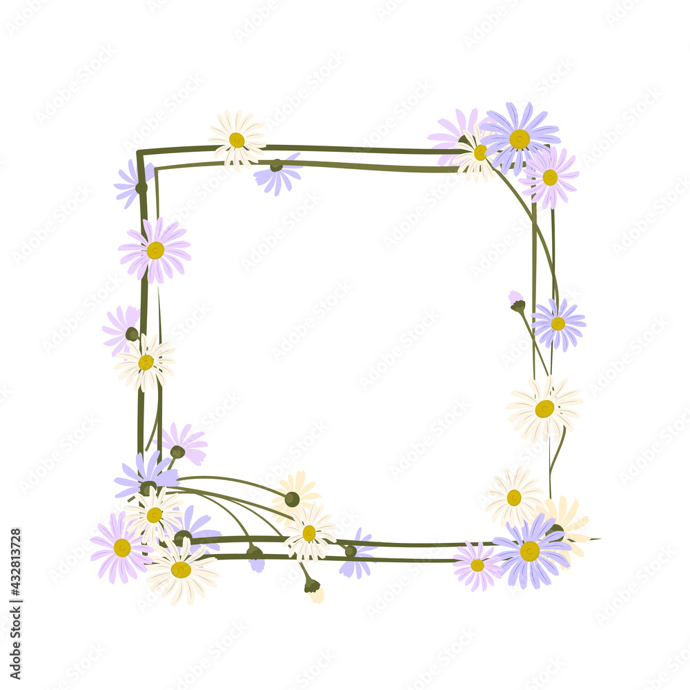 Daisy wreath. Square frame, cute purple and white flowers chamomile with yellow hearts. Holiday decorations for wedding, holiday, postcard, poster and design Daisy wreath. Square frame, cute purple and white flowers chamomile with yellow hearts. Holiday decorations for wedding, holiday, postcard, poster and design