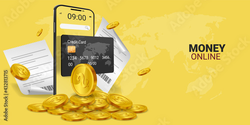 Money online on mobile phone, wallet, and credit card online Online spending Concept of cryptocurrency technology. Online shopping spending And digital money