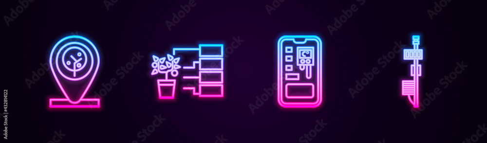 Set line Location and tree, Flower analysis, Smart control farming system and Standalone sensor. Glowing neon icon. Vector Set line Location and tree, Flower analysis, Smart control farming system and Standalone sensor. Glowing neon icon. Vector
