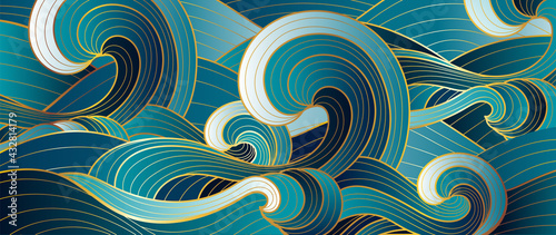 Gold abstract wave line arts background vector. Luxury wall paper design for prints, wall arts and home decoration, cover and packaging design.
