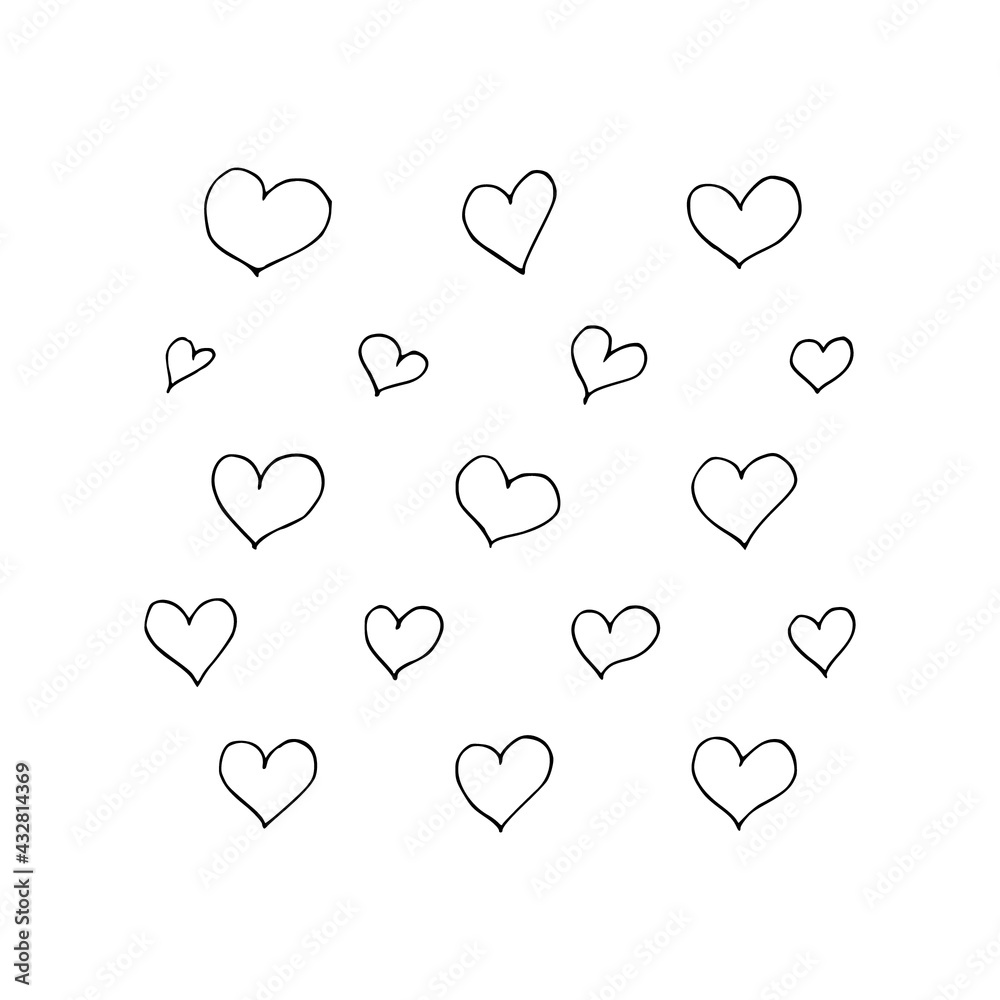 Set of hand-drawn hearts isolated on white background. Vector illustration for your graphic design