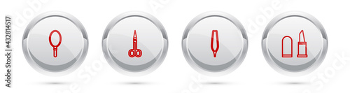 Set line Hand mirror, Scissors, Eyebrow tweezers and Lipstick. Silver circle button. Vector