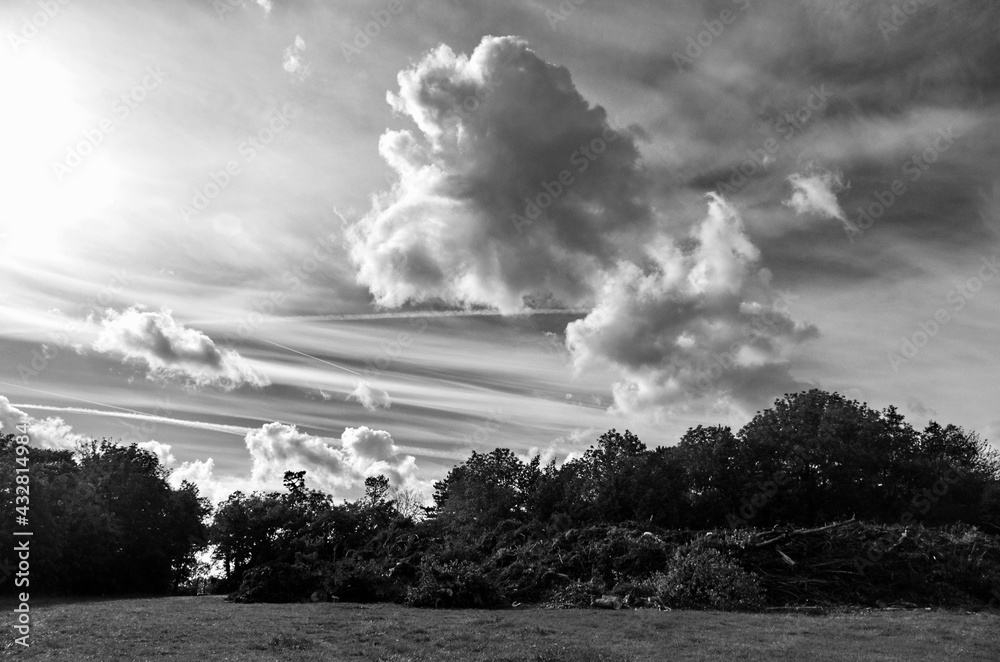 Beautiful nature landscape with clouds and sky in black and white photography. Before the storm panorama. Sky with beautiful clouds before storm in Austria.