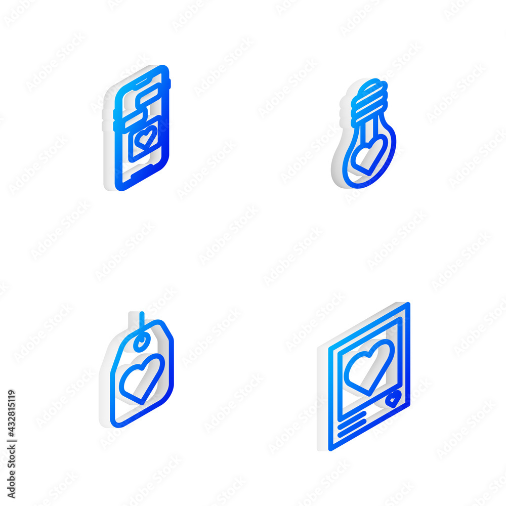 Set Isometric line Heart shape in light bulb, Mobile with heart, tag and Photo frames and hearts icon. Vector Set Isometric line Heart shape in light bulb, Mobile with heart, tag and Photo frames and hearts icon. Vector