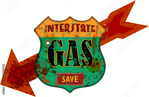 Vintage grungy american interstate highway gas station sign, retro distressed and weathered vector illustration
