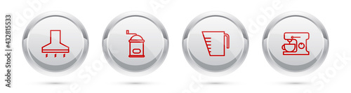 Set line Kitchen extractor fan, Manual coffee grinder, Measuring cup and Electric mixer. Silver circle button. Vector