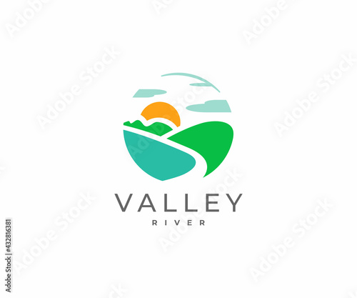 Mountain river logo design. River flowing between the green hills vector design. Colorful minimalist landscape logotype
