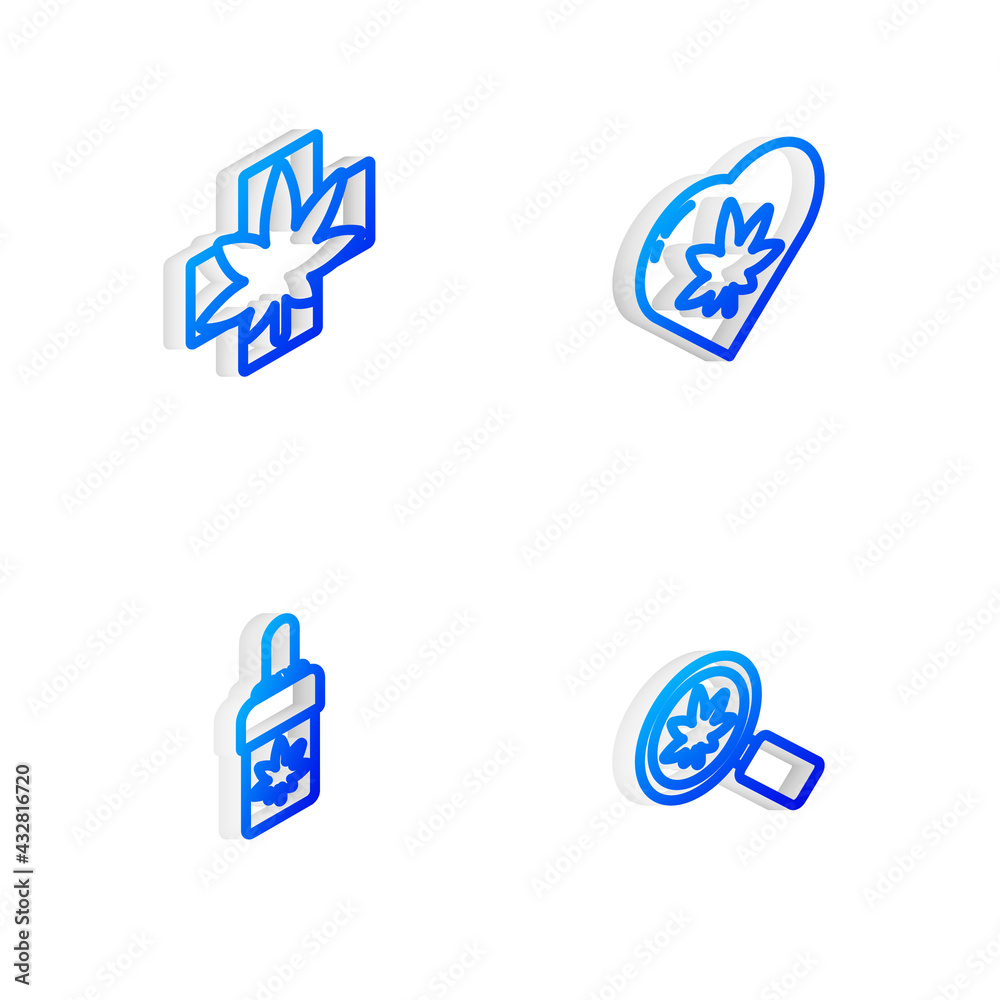 Set Isometric line Marijuana leaf in heart, Medical marijuana or cannabis, olive oil and Magnifying glass and icon. Vector Set Isometric line Marijuana leaf in heart, Medical marijuana or cannabis, olive oil and Magnifying glass and icon. Vector