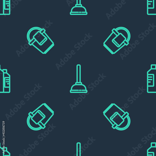 Set line Rubber plunger, Bucket with rag and Bottles for cleaning agent on seamless pattern. Vector