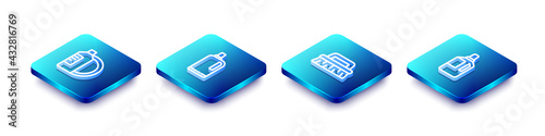 Set Isometric line Dishwashing liquid bottle and plate, Fabric softener, Brush for cleaning and icon. Vector