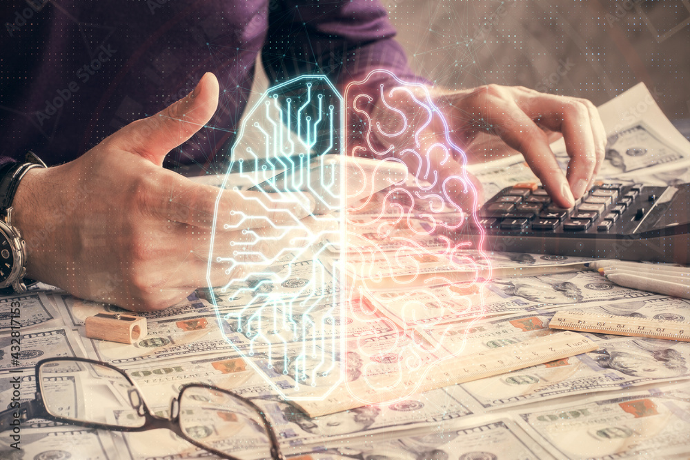 Double exposure of man's hand holding and using a digital device and brain hologram drawing. Data concept. Double exposure of man's hand holding and using a digital device and brain hologram drawing. Data concept.