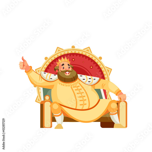 King character on the throne, showing her support and respect to someone. Body language. I like that. Good job. Cartoon happy king isolated on white background. Vector illustration.