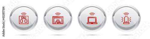 Set line Smart bathroom scales, warehouse, Wireless laptop and flasher siren. Silver circle button. Vector