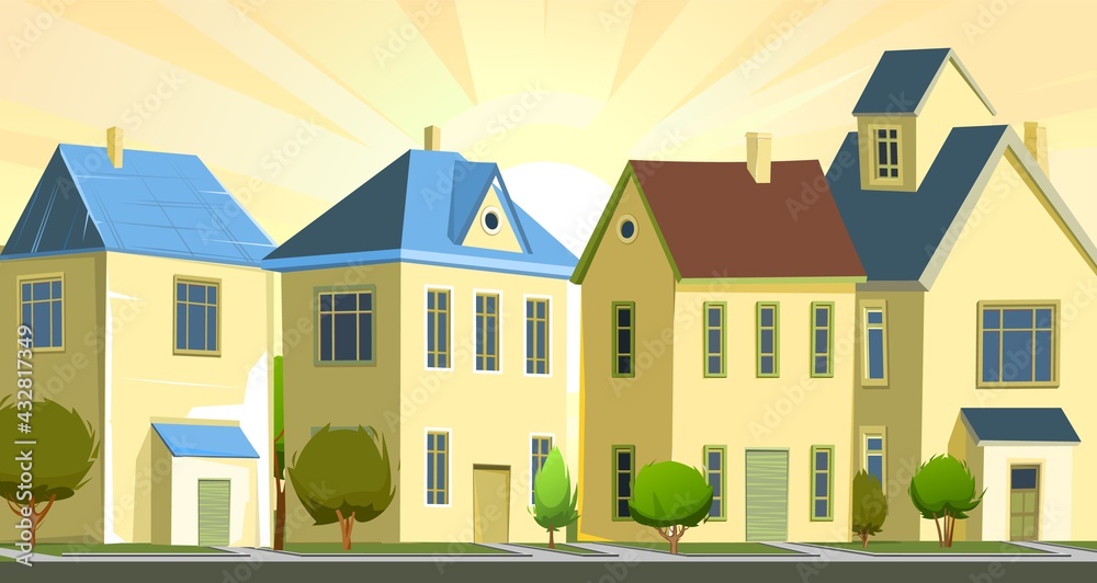 A village or a small rural town. Small houses. Street in a cheerful cartoon flat style. Small cozy suburban cottages with trees. Sun and sky. Vector.