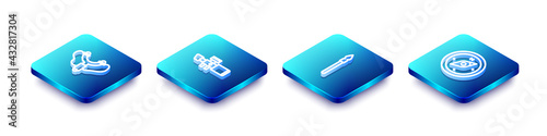 Set Isometric line Slingshot, Sniper optical sight, Medieval spear and Compass icon. Vector