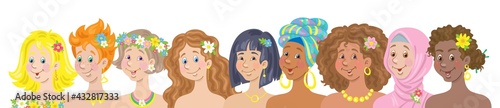 4Group of beautiful happy young stylish women of different nationalities and cultures. Banner in cartoon style. Isolated on white background. Vector flat illustration