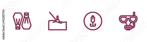 Set line Rubber flippers for swimming, Fishing hook, float water and Diving mask and snorkel icon. Vector