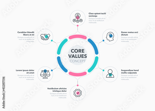 Fotobehang Simple concept for core value diagram with six steps and place for your description