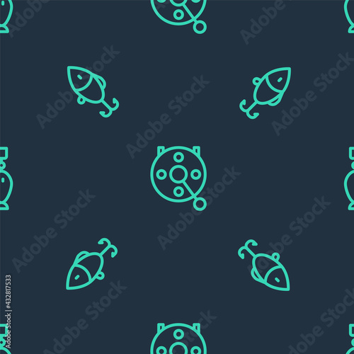 Set line Spinning reel for fishing, Fishing lure and spoon on seamless pattern. Vector