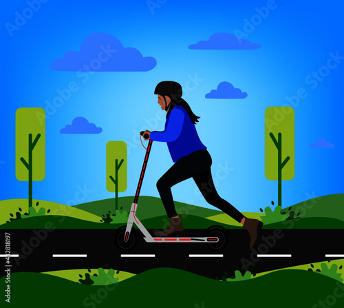 Vector illustration - woman on bicycle. Park, forest, trees and hills in winter. World car free day. the use of the bicycle as a means of transport.