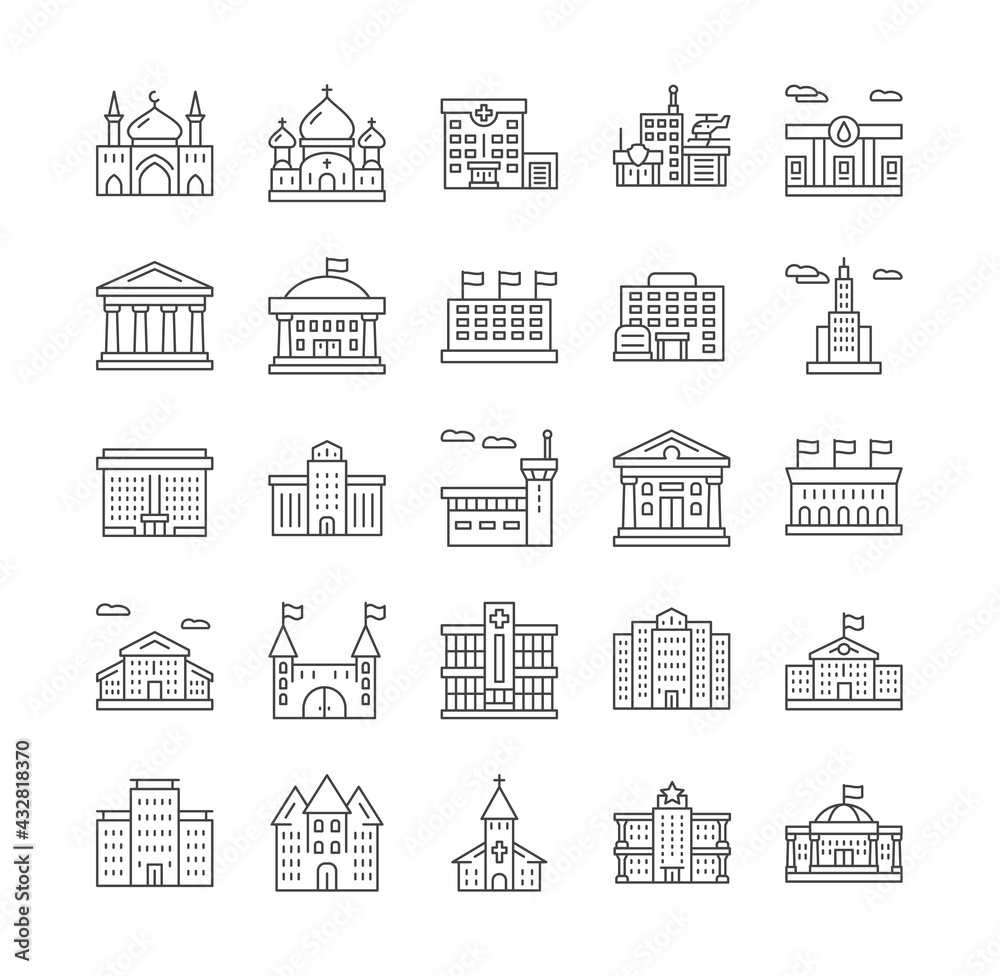 Buildings line icons set
