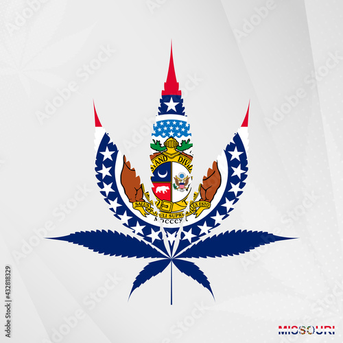 Flag of Missouri in Marijuana leaf shape. The concept of legalization Cannabis in Missouri.