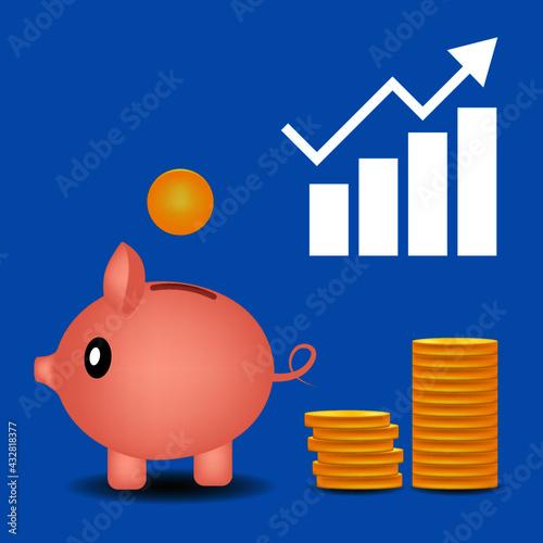 piggy bank and coins. Pig bank with coin. Concept of saving money, economy, investment, banking or business services. Profit, income, income, budget funds Vector illustration