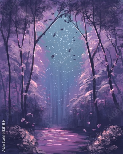Fantasy violet forest in evening