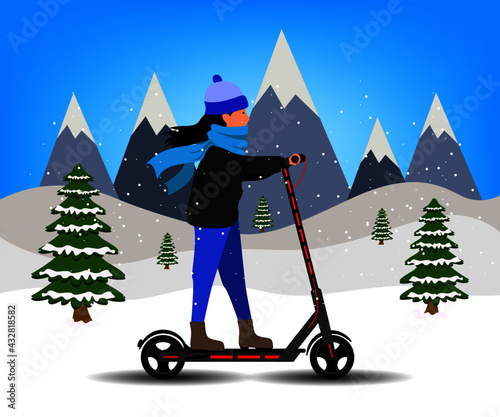 children playing in the snow. Vector illustration - woman on skateboard. Park, forest, trees and hills in winter. World car free day. the use of the skateboard as a means of transportation.